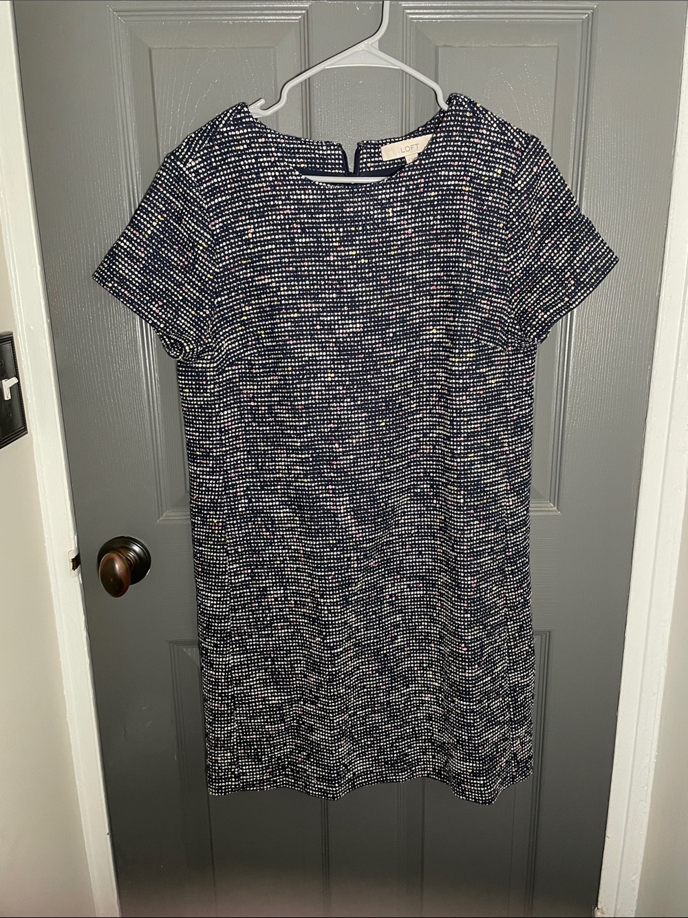 Nearly NEW LOFT Navy, Pink White Tweed textured Short-Sleeve Shift Dress - Sz 8